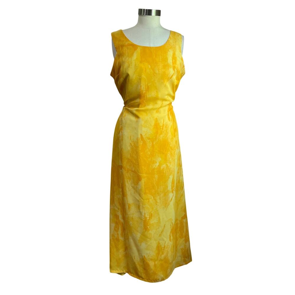 VTG Joseph Ribkoff Yellow‎ Watercolor Midi Dress Sleeveless Art Print 12